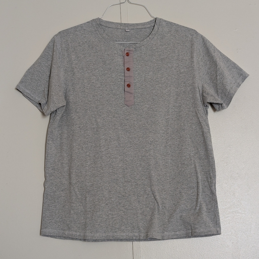 Unbranded Mens Gray Polo Tee Shirt Brown Buttons Cotton Blend Large Picnic Event